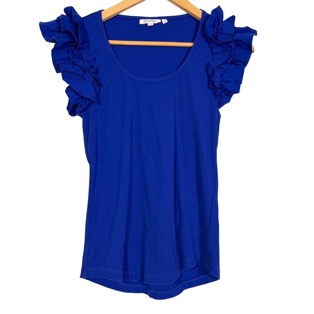 Chicos Royal Blue Ribbed Knit Ruffle Cap Sleeve Scoop Neck Top Size 0 S